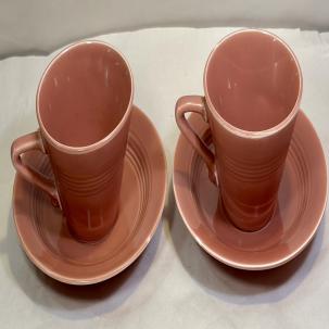 Set of 2 Harlequin Cup & Saucers - Coral - Homer Laughlin Pottery Vintage Retro