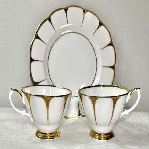 Royal Vale White and Gold Footed Teacups and Side Plate - 1960