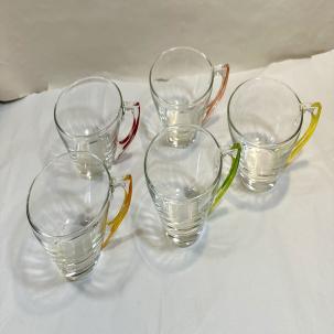 Hazel Atlas 5 (Five) Gay Fad Clear Glass Hand Painted Handle Coffee Cups - USA