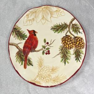 Maxcera Festive Folks Serving Plate 10.5" Red Cardinal Pine Cones