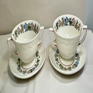 Two (2) Wedgwood Corinthian "Pembroke" Footed Cream Soups Bowls and Saucers