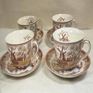 Set of Four Tea Cups & Saucers Holland Windmill / Sailing Boats - Japan
