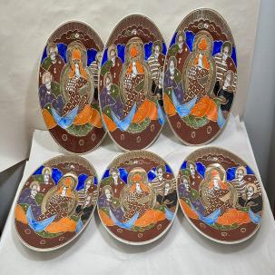 Six (6) Satsuma Japanese Moriage Goddess Kanna & 4 Immortals Plates - 7-1/8"