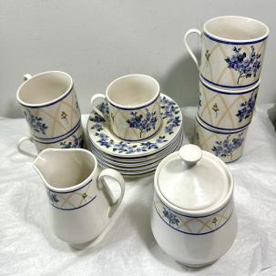 Six (6) Farberware Hydrangea Cups & Saucers Plus Sugar Bowl and Creamer