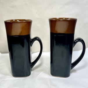 Two (2) Royal Norfolk Black Stoneware Coffee Latte Mugs w/ Brown Rim 14 oz 5"