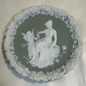 Vintage Antique German Schafer & Vater Jasperware Green Wall Plaque