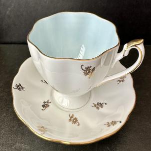 Queen Anne Tea Cup and Saucer - Gold Floral, White and Pale Blue