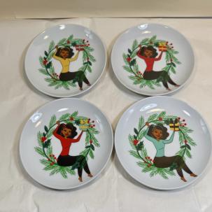 Set of 4 Black Paper Party Appetizer Plates African American Christmas 6" - NOS