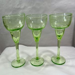 Three (3) Mexican Hand Blown Lime Colored Margarita Glasses -- Immaculate