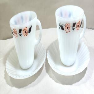 Set of Two (2) Termocrisa Milk Glass Coffee / Tea Cups and Saucers
