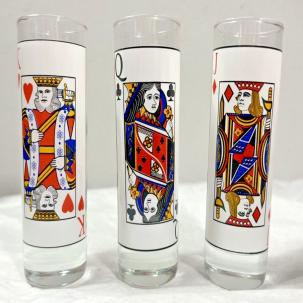 Three (3) Vintage Playing Face Card Poker Shot Glasses - Retro Barware