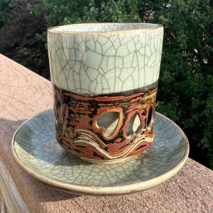 Gold Horse Somayaki Double-Wall Soma Ware Crackle Glaze Cup and Saucer