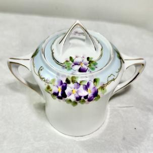 Nippon Hand Painted Porcelain Sugar Bowl with Lid - Purple Floral Japan